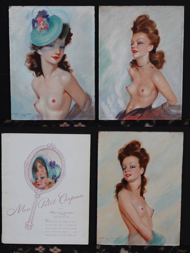 French School: Group of Three Pin-Up Nudes 13" x 9 1/2" oil on board each signed lower left together with portfolio of prints by the same artist, estimate 1500/2500 Shipping available within the Continental USA (exc