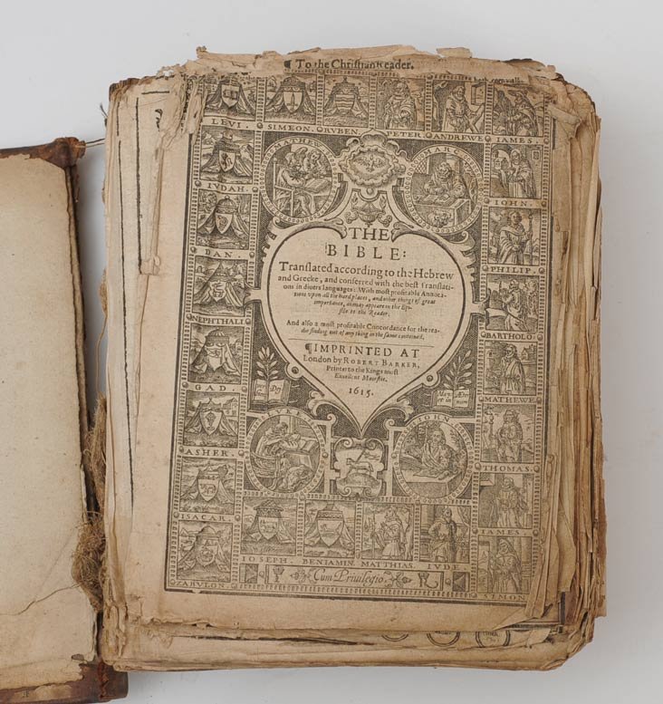 The Holy Bible: Breeches Bible (English) Robert Barker, London, 1615 illustrated with elaborate woodcut title pages contemporary full brown calf 8 1/4" x 6 1/2" sheet estimate 400/600 Shipping available within the Co