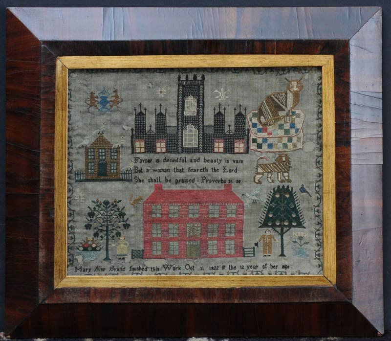 English Needlework Sampler: Mary Ann Brand, 1842 10" x 12" estimate 400/600 Shipping available within the Continental USA (excludes insurance) $40. International shippers are responsible for arranging 3rd party shipping.