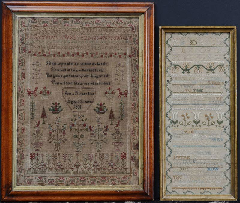 Pair of English Needlework Samplers: Ann Richardson, 1831 21" x 15" Alice Taylor, 1789 20" x 8 1/4" estimate 500/750 Shipping available within the Continental USA (excludes insurance) $65. International shippers are responsible for arran