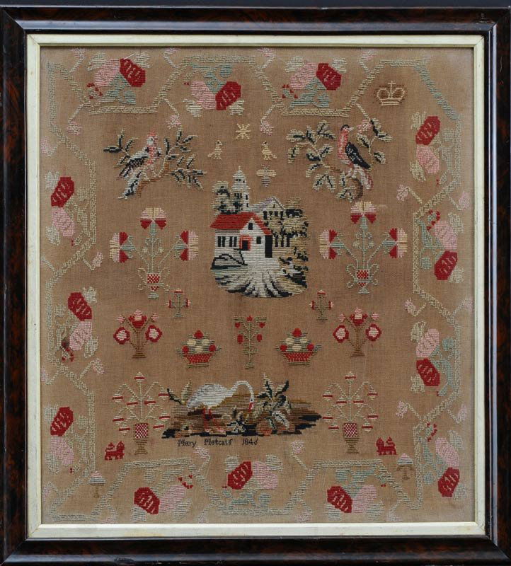 English Needlework Sampler: Mary Metcalf, 1846 24" x 22" estimate 300/500 Buyer is responsible for arranging 3rd party shipping.