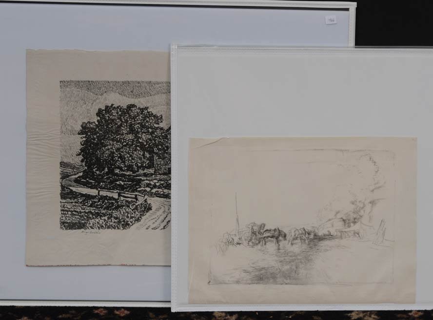 Three Lithographs: including two Birger Sandzen "Olaf Olson's Homestead" and "Old Church, Sweden" together with Edmund Blampied "Paris" all pencil signed, largest 16" x 19" image estimate 400/600 Buyer is responsible fo