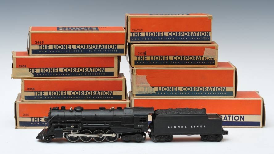 Lionel Train Set: consisting of Engine 726, Whistle Tender 2466wx, Gondola Car 2452, two Automobile Cars 2458, Operating Merchandise Car 3454, Tank Car 2855, Tank Car 2465, and Operating Work Crane 2460, all with boxes