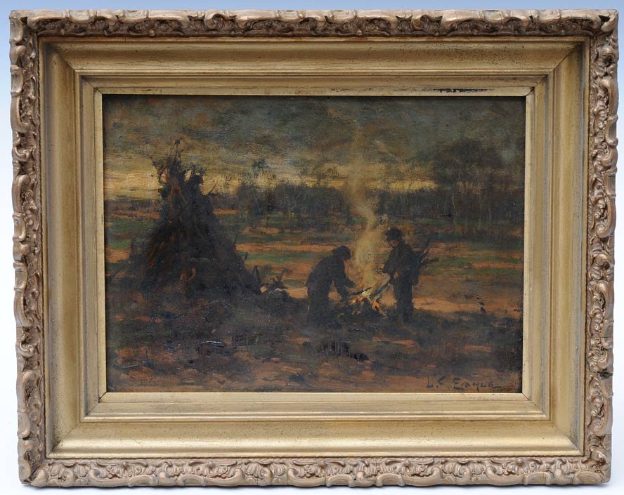 Lawrence Carmichael Earle: Camp Fire at Dusk 9" x 12 1/2" oil on board signed lower right estimate 400/600 SHIPPING INFORMATION Shipping available within the Continental USA (excludes insurance) $45. International buyers are re