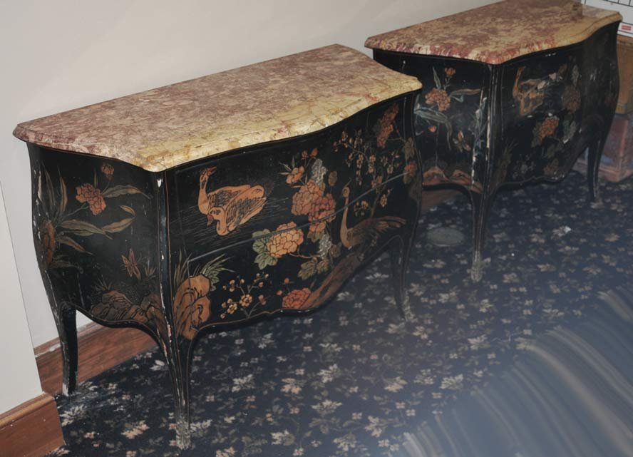 Pair of French Louis XV Style Marble Top Commodes: with lacquered chinoiserie decoration and marble tops 47" wide, 20" deep, 34" high circa 1920 estimate 2000/3000 SHIPPING INFORMATION Buyer is responsible for arranging 3rd party shipping.