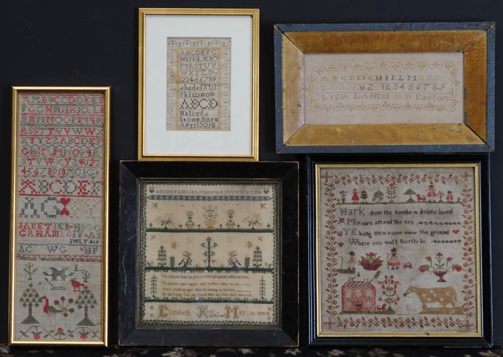 Group of Five Needlework Samplers: including Elizabeth Kent, 1834 largest 14" x 13" 19th century estimate 500/750SHIPPING INFORMATIONShipping available within the Continental USA (excludes insurance) $65. International shippers are res