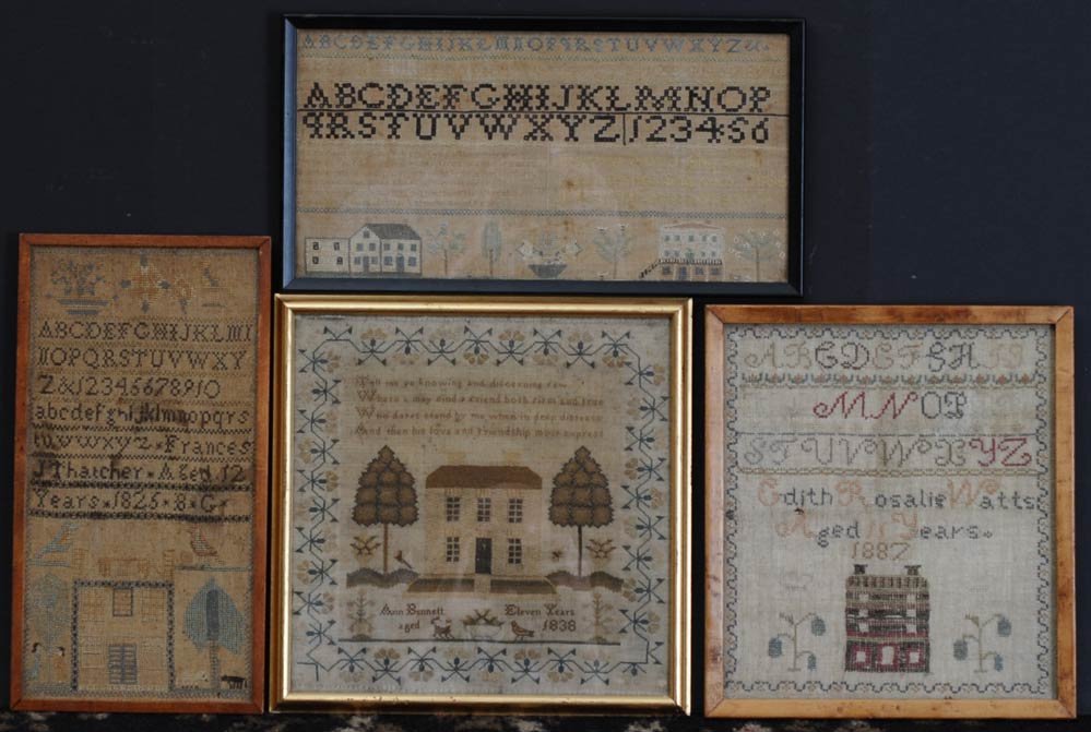 Group of Four Needlework Samplers: including Ann Bennett, 1838 largest 13" x 13" 19th century estimate 400/600SHIPPING INFORMATIONShipping available within the Continental USA (excludes insurance) $55. International shippers are respon
