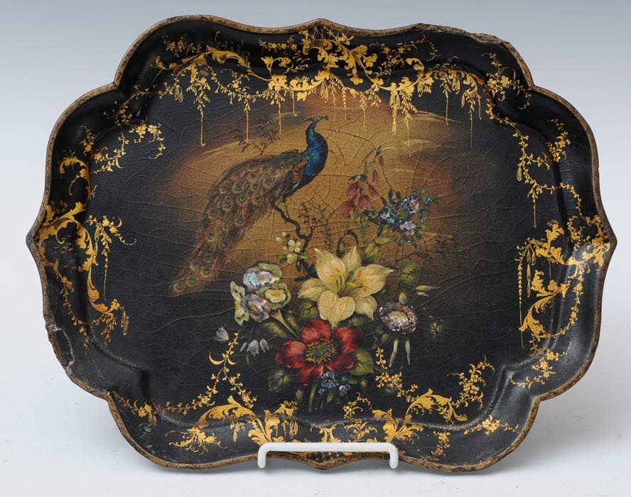 Victorian Papier Mache Tray: with peacock 14 1/2" long circa 1860 estimate 200/300 SHIPPING INFORMATION Shipping available within the Continental USA (excludes insurance) $35. International buyers are responsible for arranging 3r