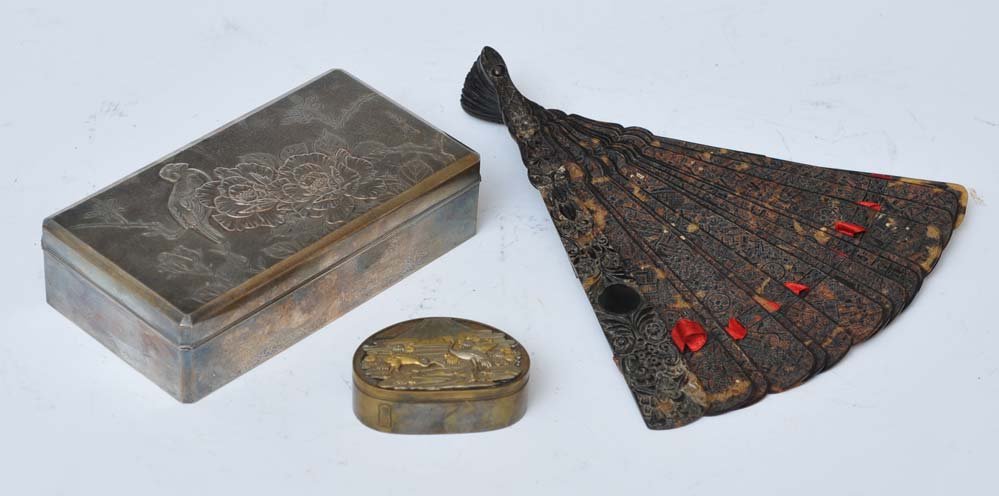 Pair of Japanese Boxes: decorated cigarette box, snuff box with scenic lid and carved tortoise-shell fan all late 19th/early 20th century estimate 250/350 SHIPPING INFORMATION Shipping available within the Continental USA (e