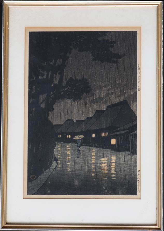 Kawase Hasui: Rain in Maekawa 14" x 9 1/2" woodblock print estimate 250/350 SHIPPING INFORMATION
