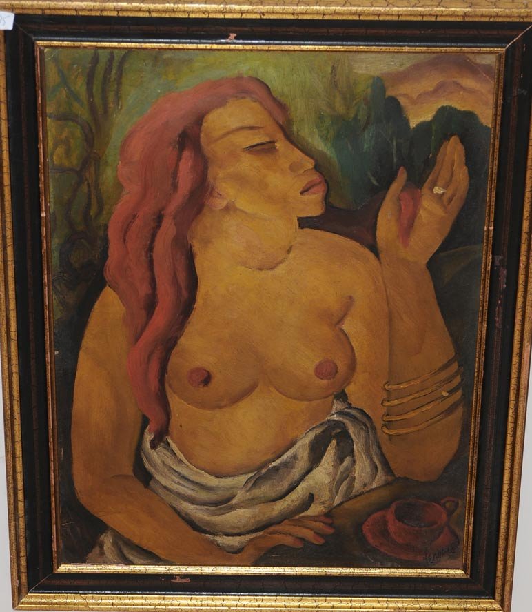 Josephine Jerome Sands: Nude with Red Hair 22" x 15" oil on board signed lower right estimate 300/500 SHIPPING INFORMATION Shipping available within the Continental USA (excludes insurance) $60. International buyers are resp
