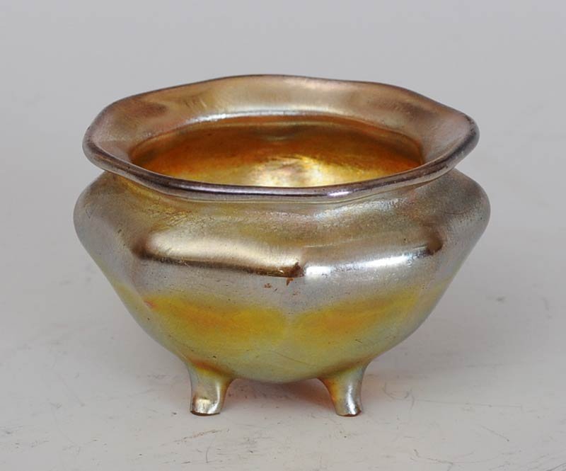 Tiffany Favrile Footed Salt: 2 3/8" diameter signed L.C.T. with paper label estimate 250/350 SHIPPING DETAILS: Shipping available within the Continental USA (excludes insurance) $20. International buyers are responsible for arran