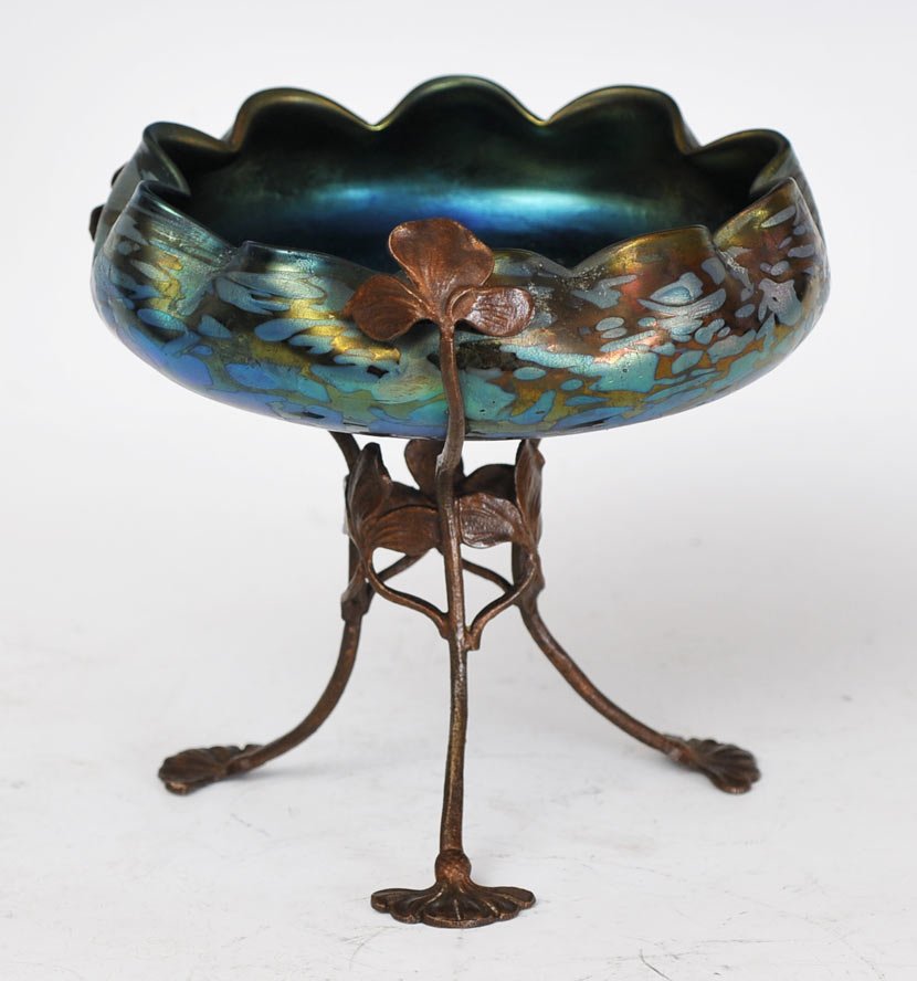 Austrian Art Glass Candy Dish: with frame, attributed to Loetz 6 1/2" high unmarked, circa 1900 estimate 250/350 SHIPPING DETAILS: Shipping available within the Continental USA (excludes insurance) $35. International buyers are res