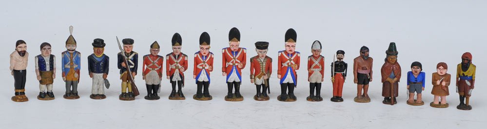 Collection of Hand Carved Character Figures: over 50 including soldiers, Colonial figures, Indians, horse circa 1930 estimate 200/400 SHIPPING DETAILS: Shipping available within the Continental USA (excludes insurance) $40. International buyers 
