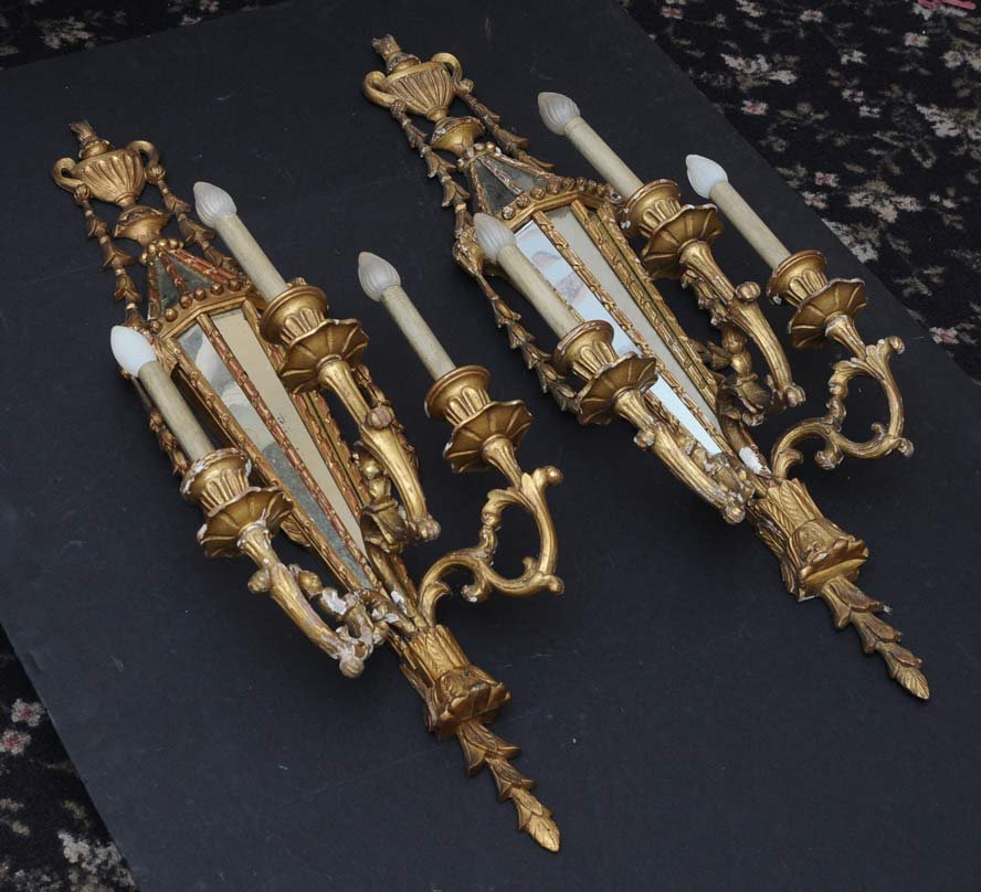 Set of Six Giltwood Sconces: with rams heads and mirrored panels 36" high circa 1920 estimate 1000/1500 SHIPPING DETAILS: These cannot be shipped. Need to be pick-up in person.
