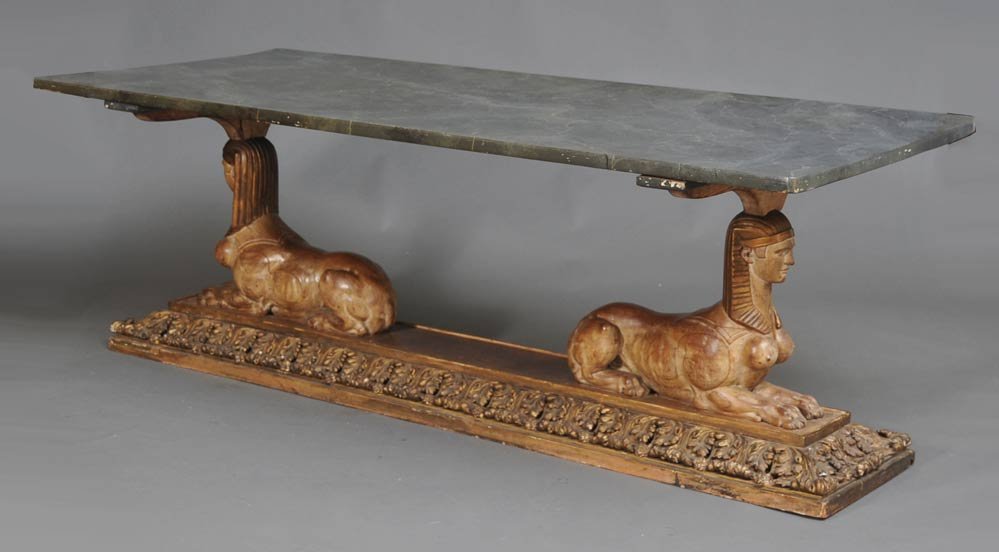Giltwood Regency Console Table: in the manner of Thomas Hope with faux marble painted top and Sphinx supports 35 1/2" x 80 1/2" top 28 3/4" high SHIPPING DETAILS: Buyer is responsible for arranging 3rd party shipping.