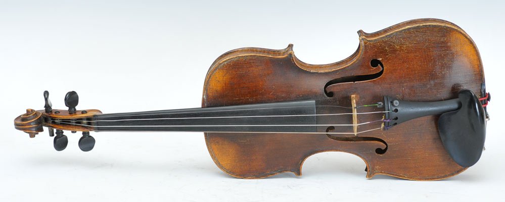 Antique Violin: 23 3/8" long with indistinct label probably 19th century with case estimate 400/600 SHIPPING DETAILS: Shipping available within the Continental USA (excludes insurance) $50. International buyers are r