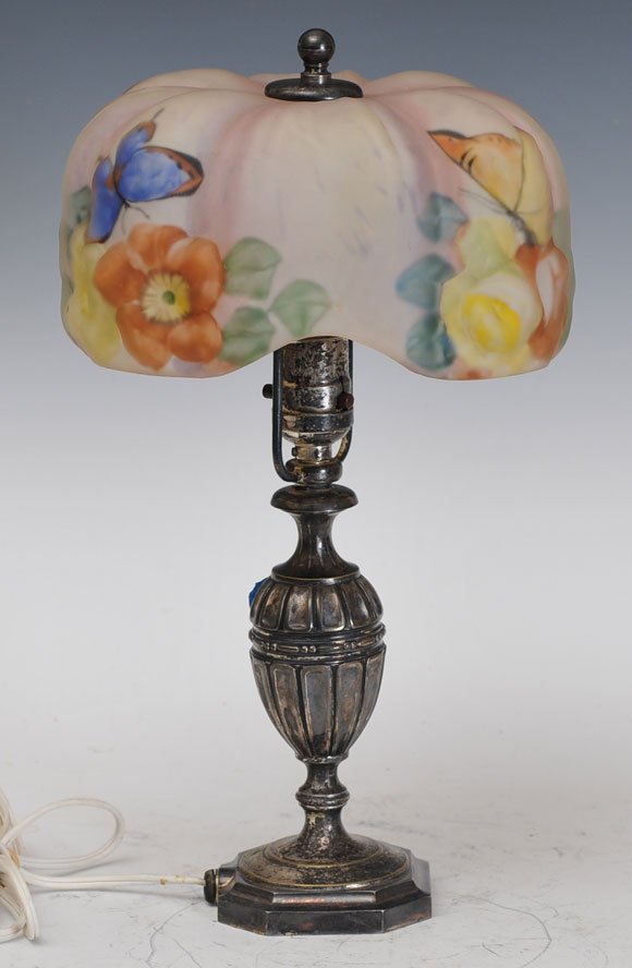 Small Pairpoint Puffy Table Lamp: with flowers and butterflies shade 8" diameter signed estimate 500/750