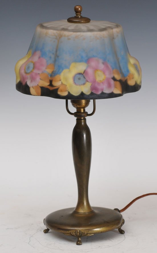 Small Pairpoint Puffy Table Lamp: with flowers shade 8" diameter signed estimate 400/600
