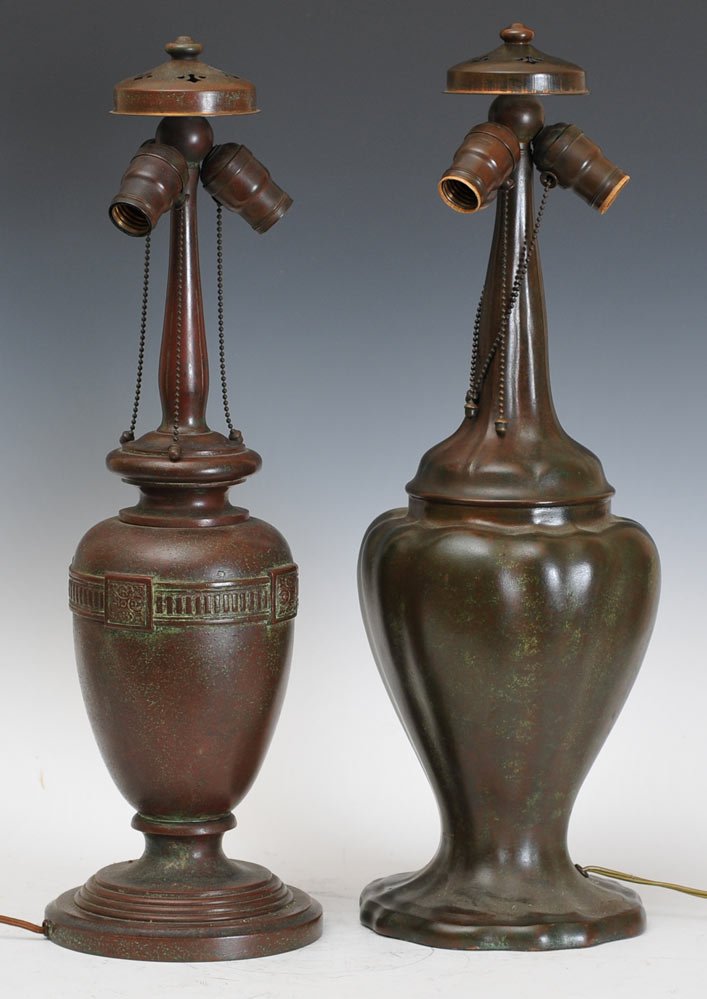 Pair of Handel Lamp Bases: one with banded and urn form larger 24" high estimate 500/750