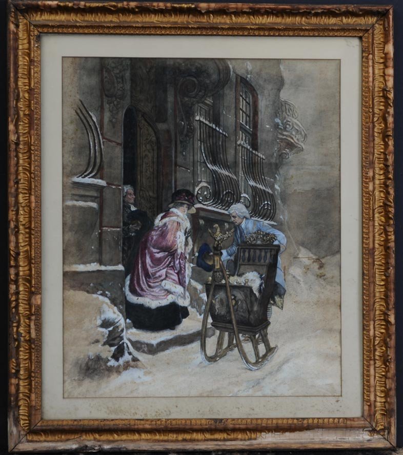 Continental School: Elegant Sleigh 22" x 18" watercolor with arabesque unsigned, late 19th century estimate 200/300