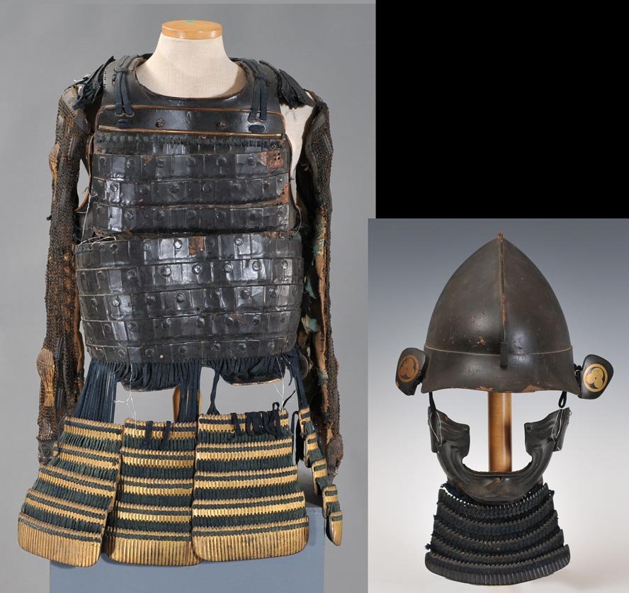 Japanese Samurai Helmet and Armor: lacquered iron with silk three frontlet panels 21" long (from shoulder to bottom of panel) helmet 8" high, 10 1/2" deep estimate 1200/1800