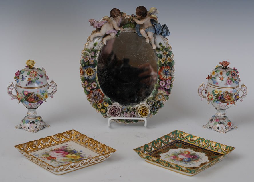 German Porcelain Mirror: together with a pair of 6" Dresden urns and 2 Royal Crown Derby trays, each 5 3/4" mirror 10" high estimate 200/300