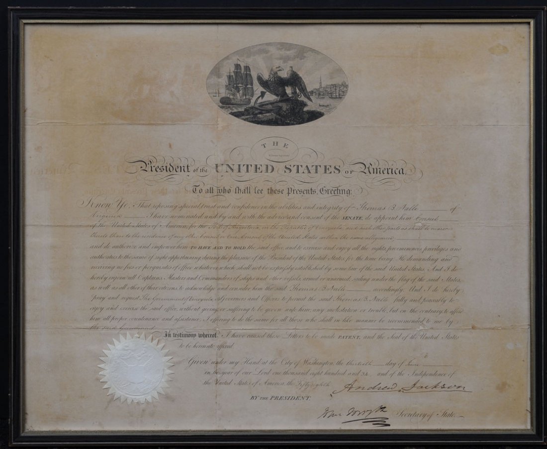 Andrew Jackson Presidential Appointent: for Thomas B. Nalle, consul to Venezuela dated 1834 17" x 21", signed lower right estimate 750/1000
