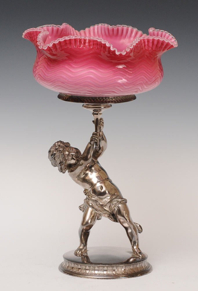 Victorian Silverplated Centerpiece: signed Pairpoint\\r\\nwith art glass liner\\r\\n17\\\" high\\r\\nestimate 600/900\\r\\n\\r\\nShipping available within the Continental USA (excludes insurance) $50. International buyers are responsibl