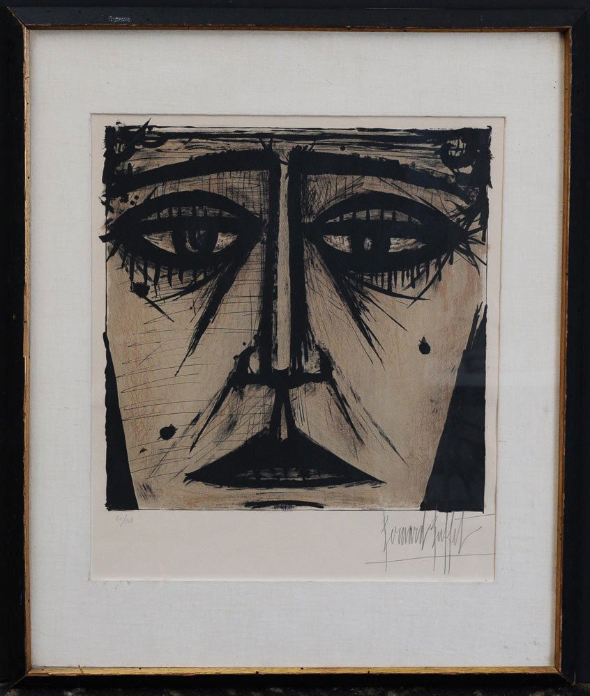 Bernard Buffet: "visage", printed in 1958, cat rais :Sorlier #17 17" x 17" lithograph numbered 60/108 estimate 500/750 Buyer is responsible for arranging 3rd party shipping.