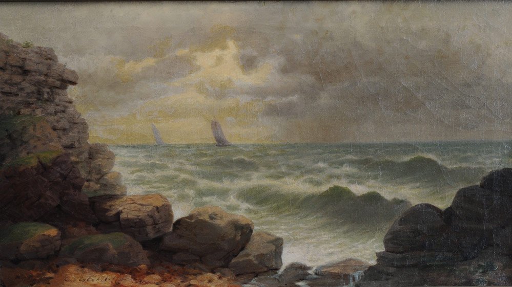 Constantin Westchiloff: Crashing Surf with Sail Boats in Distance 18" x 32" oil on canvas signed lower left estimate 2000/3000 Buyer is responsible for arranging 3rd party shipping.