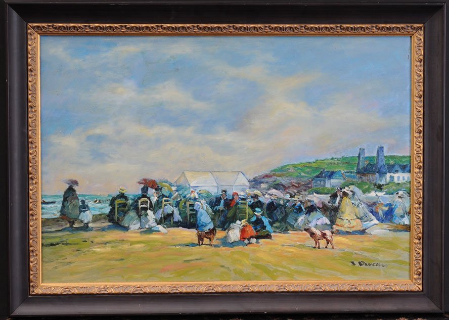 J. Deveaux: At The Beach 24" x 36" oil on canvas signed lower right estimate 500/750 Buyer is responsible for arranging 3rd party shipping.