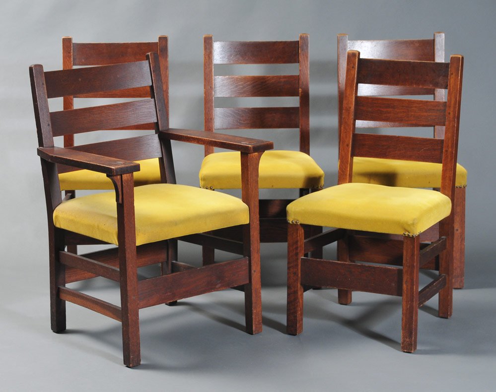 Set of Five Gustav Stickley Oak Dining Chairs: with original reddish brown finish 37 1/4" high each with branded mark on rear stretcher, circa 1910, estimate 1500/2500