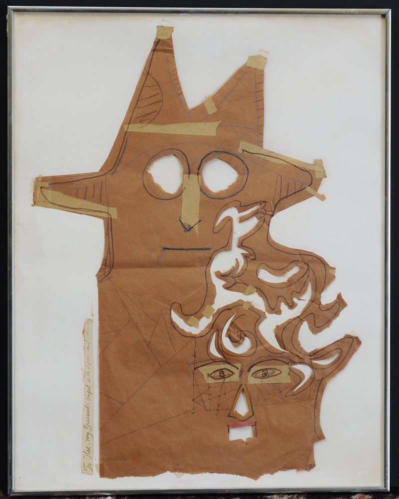 Saul Steinberg: Paper Bag Cut-Out 26" x 17" framed with signed presentation "To Ilse, my Brussels Angel with love Saul Steinberg, estimate 3000/5000
