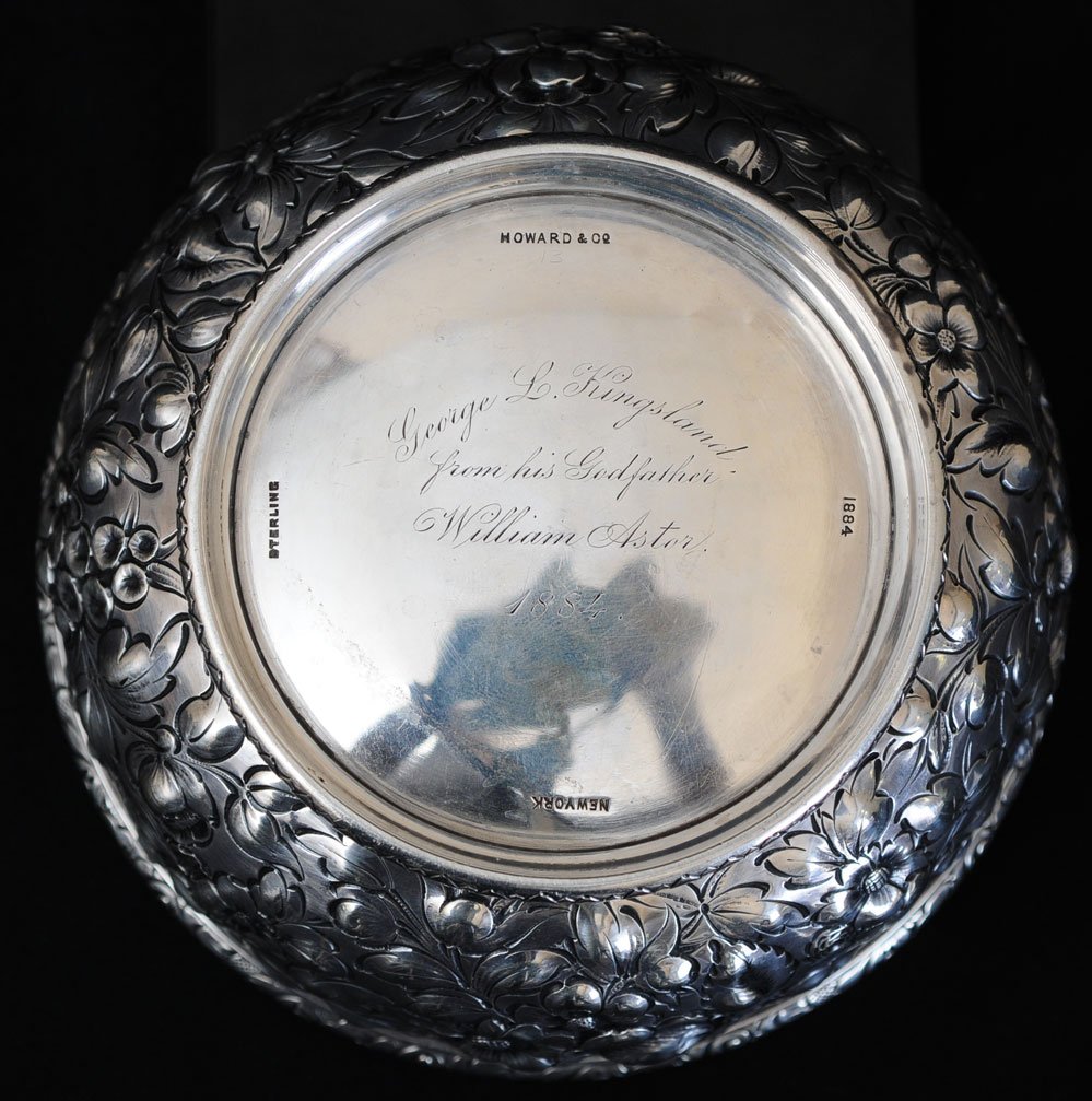 Sterling Repousse Baptismal Bowl: Howard & Co. 5 1/2" diameter, 12.7 troy ounces inscribed with presentation from William Waldorf Astor (only child of John Jacob Astor) "George L. Kingsland, from his Godfather William Astor, 1884", es