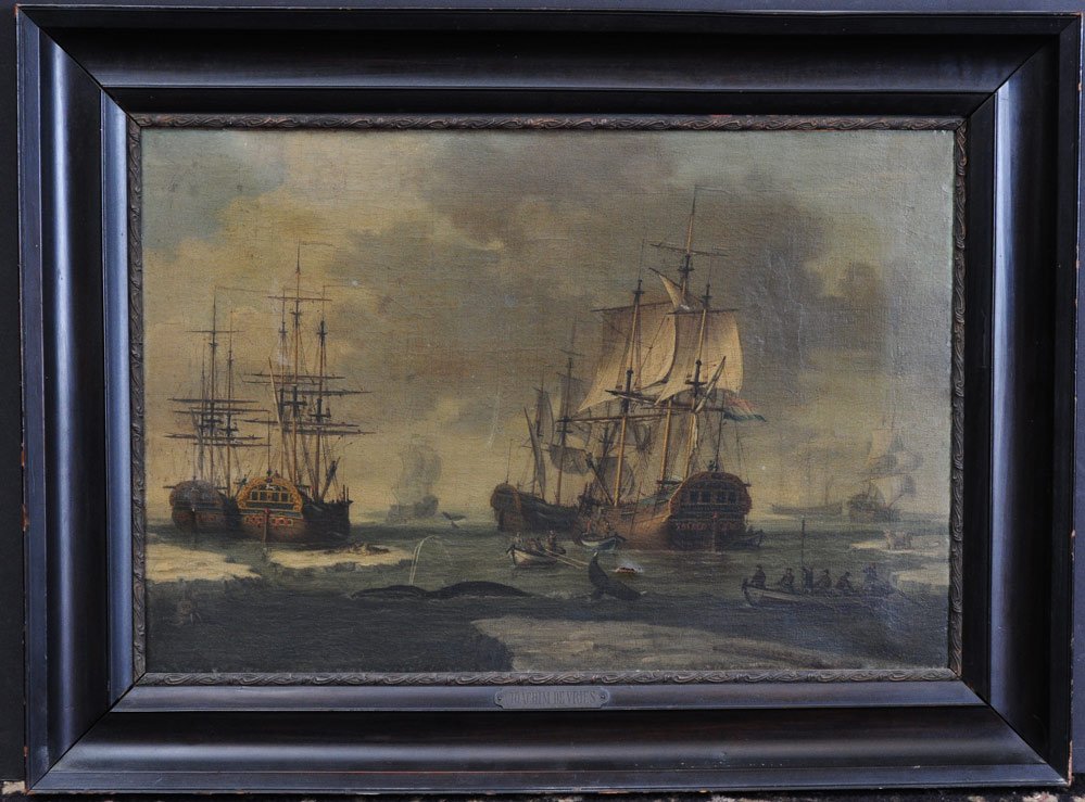 Joachim DeVries: Arctic Whaling Scene with several vessels, polar bear, walrus and central whale, 18 1/2" x 27 1/4" oil on canvs, signed lower right and dated 1770, estimate 3000/5000