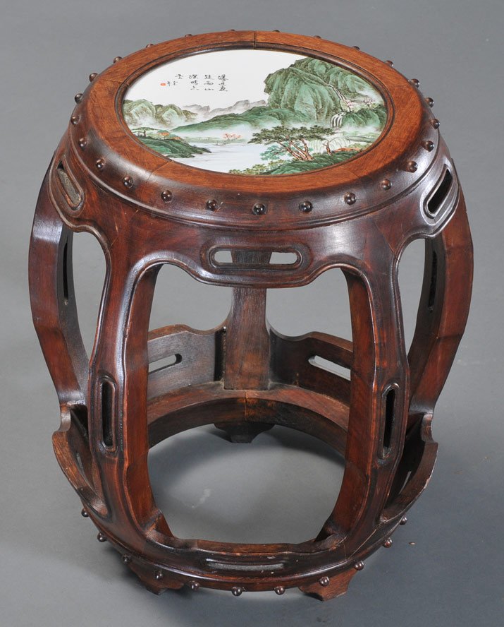 Chinese Stool: with porcelain scenic plaque 18" high, plaque 9" diameter 20th century, estimate 300/500