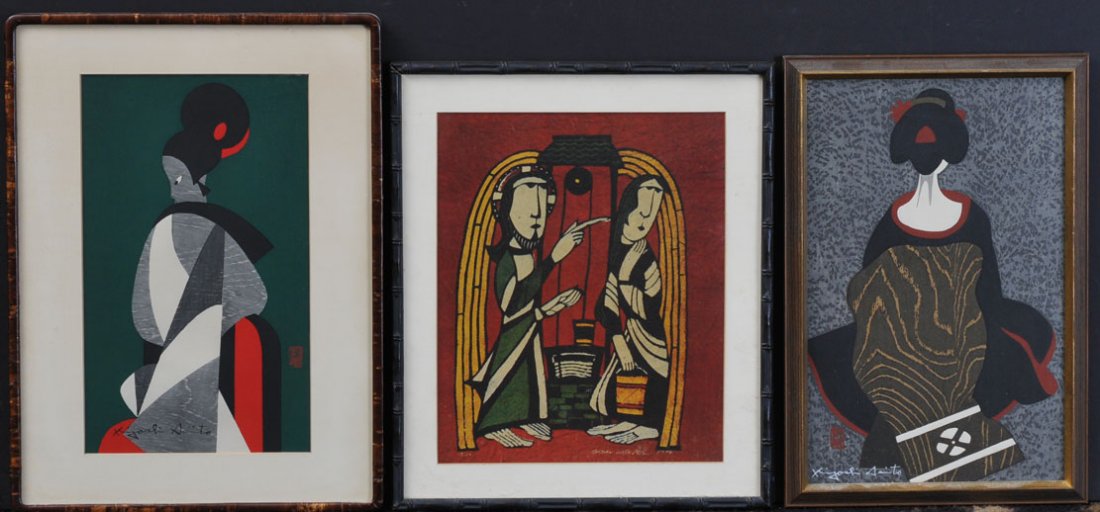 Group of Three Japanese Woodblock Prints: Kiyoshi Saito (2) and Sadao Watanabe each approximately 14" x 9" 20th century, estimate 500/750