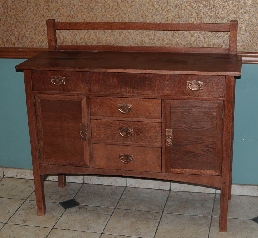 L&J.G. Stickley Oak Sideboard: with hammered copper pulls 48" wide, 18" deep, 45" high, circa 1910 unsigned, estimate 300/500