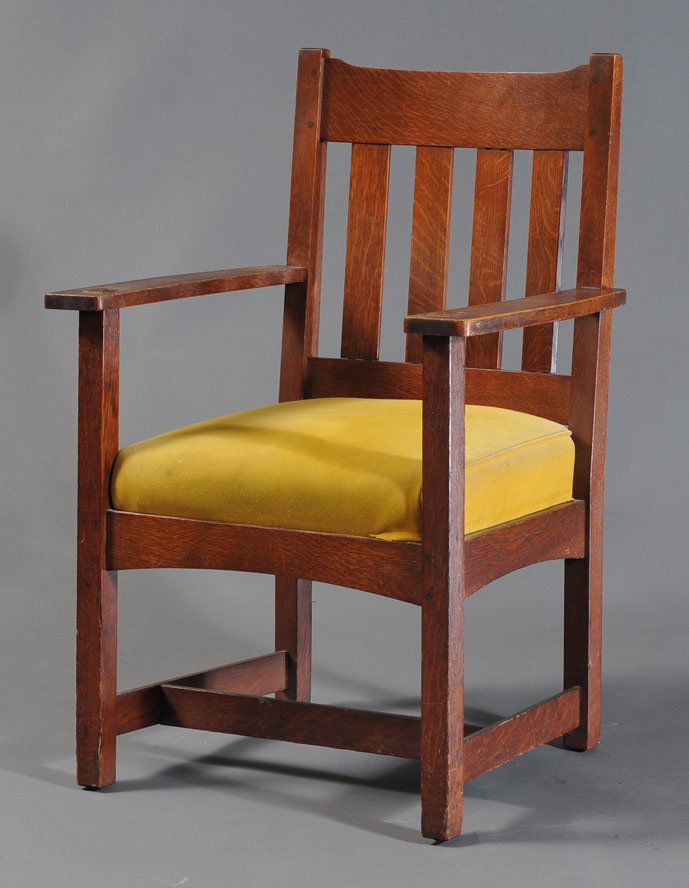 Charles Stickley Oak Arm Chair: 38" high in original finish marked on rear stretcher, circa 1910, estimate 250/350