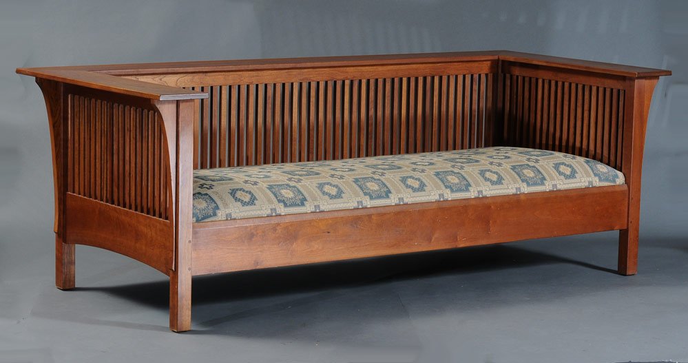 Modern Stickley Spindled Even Arm Box Settle: 29 1/2" high, 84" wide, 37 1/2" deep cherry, tagged Stickley / Manlius, NY late 20th century, estimate 1200/1800