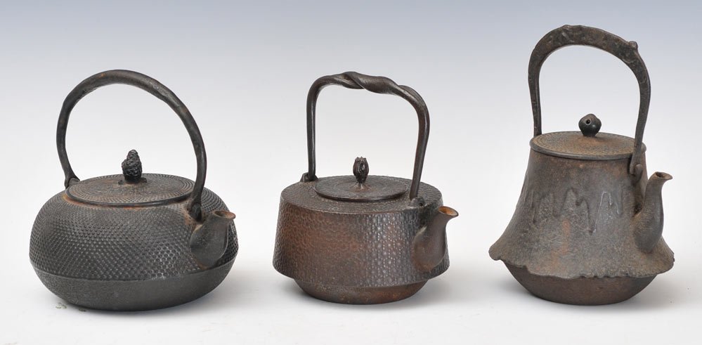 Three Japanese Iron Tetsubin Tea Kettles: estimate 300/500