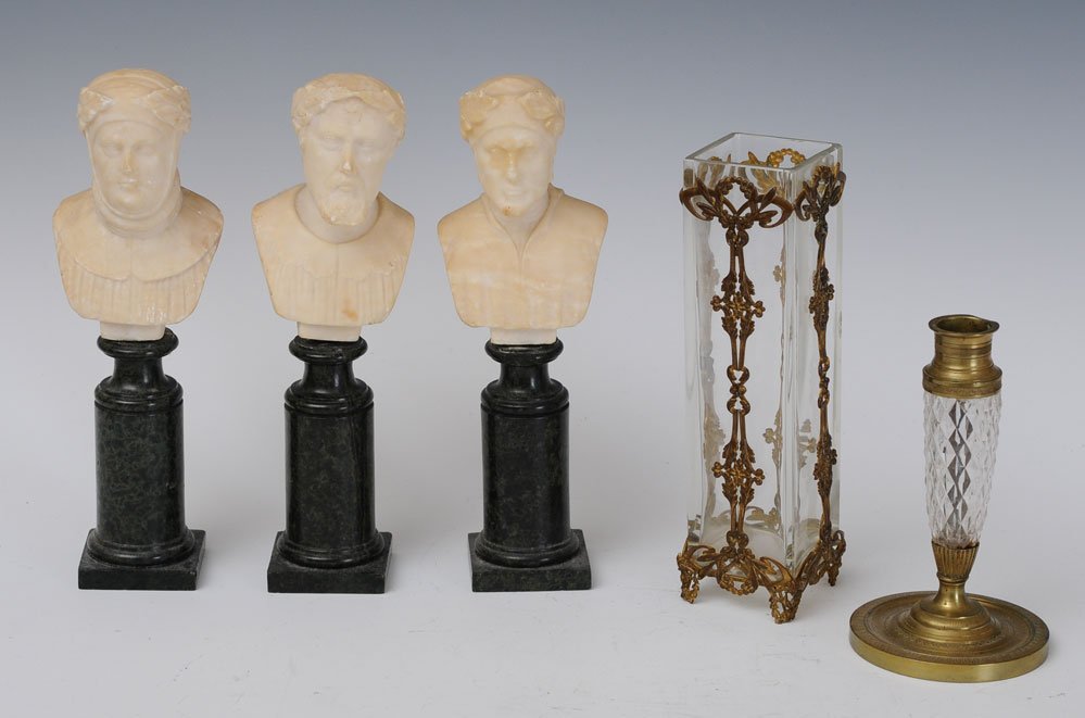 Three Classical Alabaster Busts: together with a gilt metal mounted vase and French Empire candlestick, estimate 250/350
