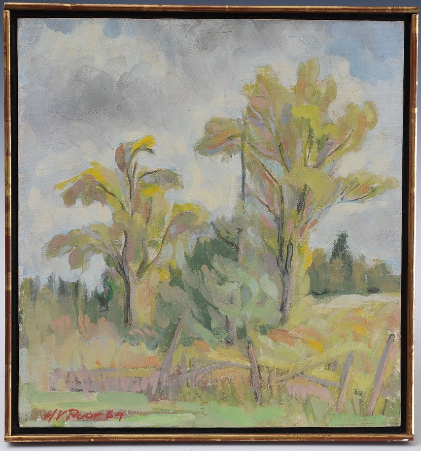 Henry Varnum Poor: Cape Landscape 15 3/4" x 15" oil on masonite signed lower left dated 1964, estimate 300/500