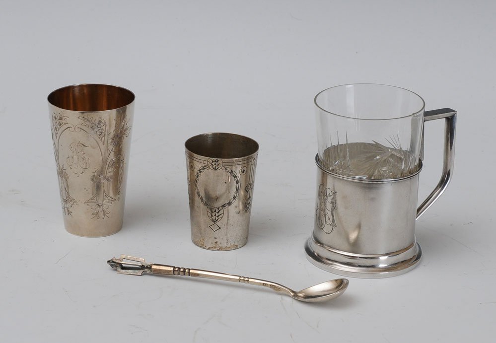 Three Russian Silver Cups: marked "V.C", "B.P." and one dated 1892 "G.A", all in cyrillic 9.6 troy ounces late 19th century, estimate 200/400