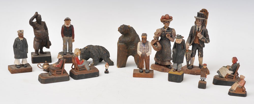 Black Forest Carved Figures (14): including two bears largest 7" high, estimate 300/500