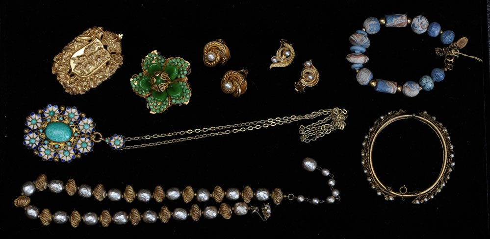 Miriam Haskell: two necklaces, two bracelets, two brooches and two sets of earrings, estimate 400/600