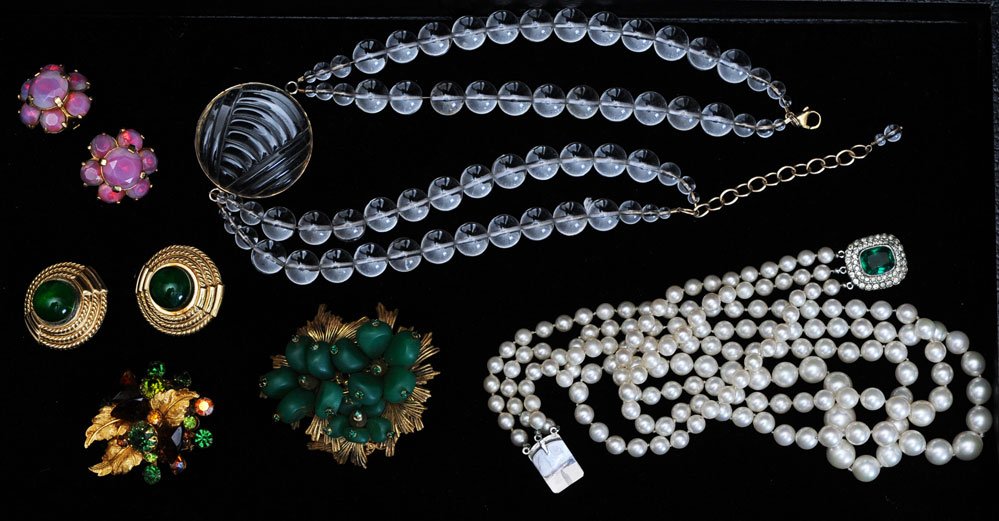 Group of Jewelry: including French crystal necklace, Ciner earrings, Carnegie earrings, DeMario brooch, Josef Morton brooch, and faux pearl necklace, estimate 300/500