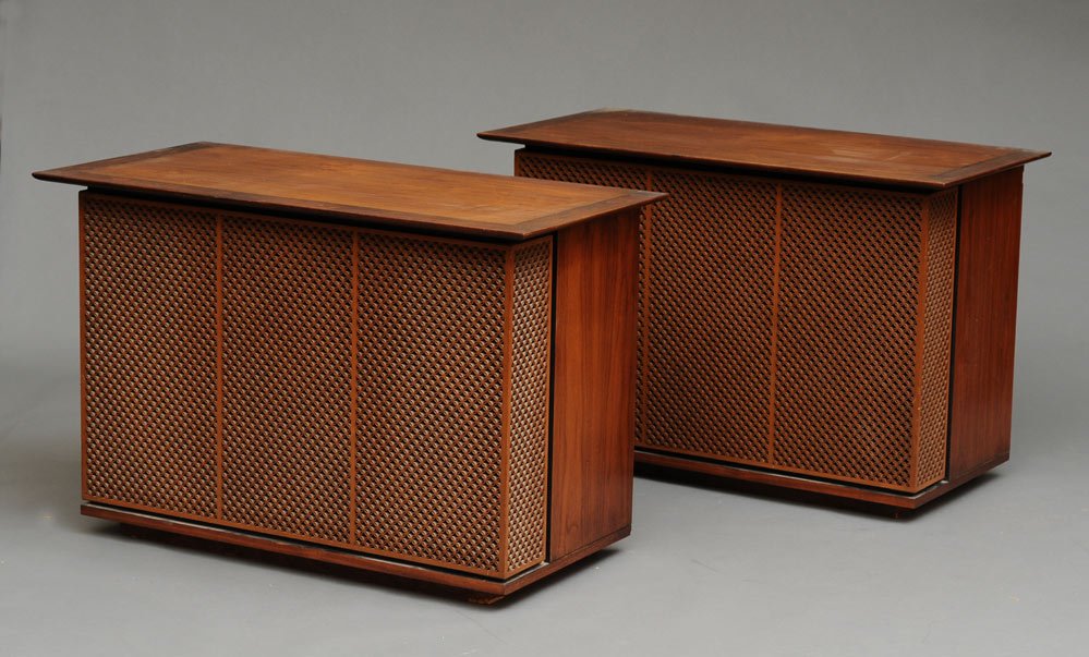Pair of JBL D50 Olympus Hi-Fi Speakers: James B. Lansing, Los Angeles with walnut cases 40" wide, 20" deep, 26 1/2" high circa 1960 estimate 2500/3500