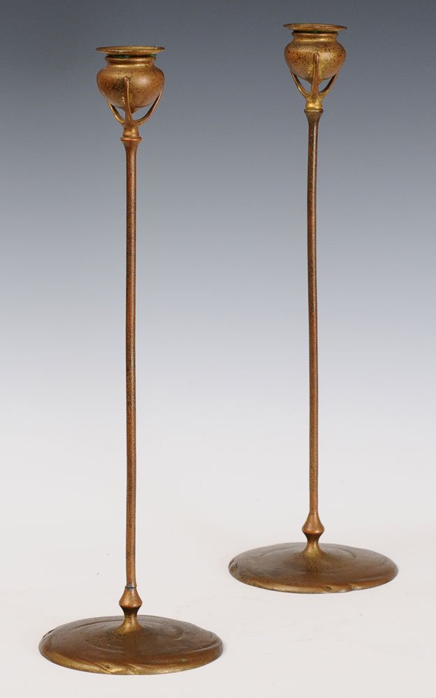 Tiffany Studios Bronze Candlesticks: with gold dore patina 18 1/2" high early 20th century estimate 1000/1500